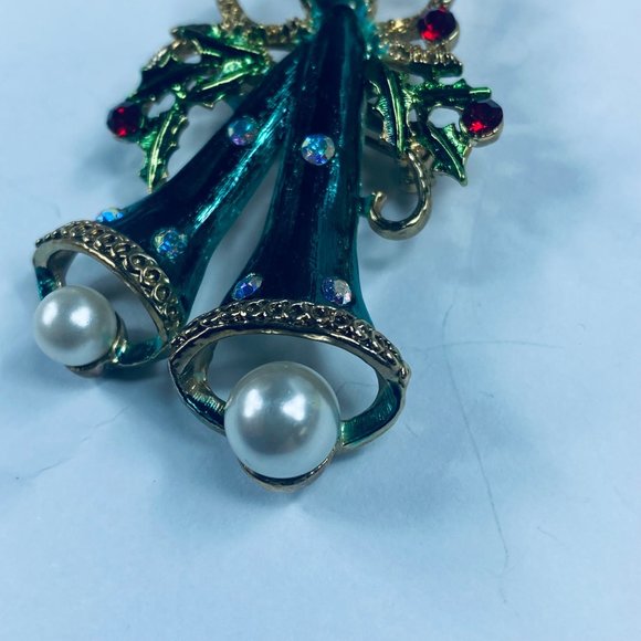 Long Two Bell Christmas Holiday Brooch Pin Holly Faux Pearls Rhinestone Bows - Picture 10 of 16